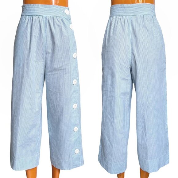 70s Vintage Highwaisted Stripe Culottes Crop Nautical Cotton Pants Side Button. - Picture 5 of 7